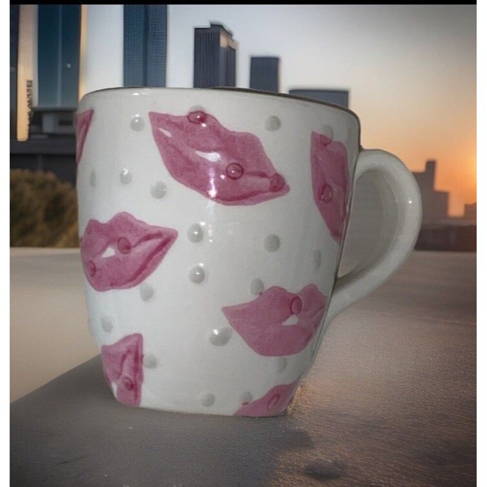 Signed Hand Painted Ceramic Mug With Pink Lips & Raised Polka Dot Design Italy